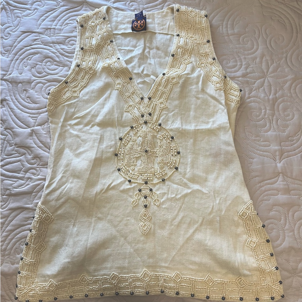 Tory Burch beaded linen sleeveless top